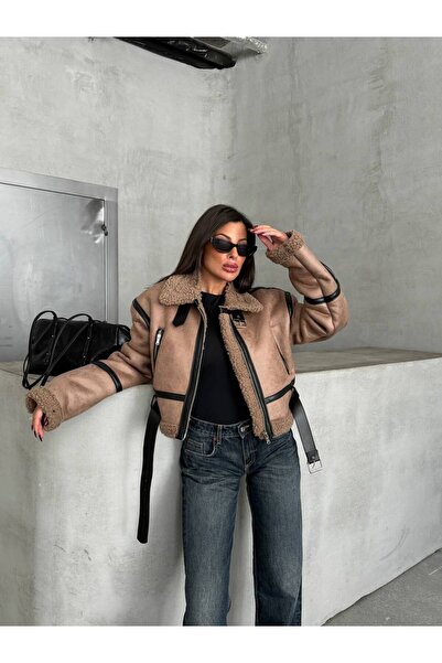 dolu butik Süet Kemerli Mont