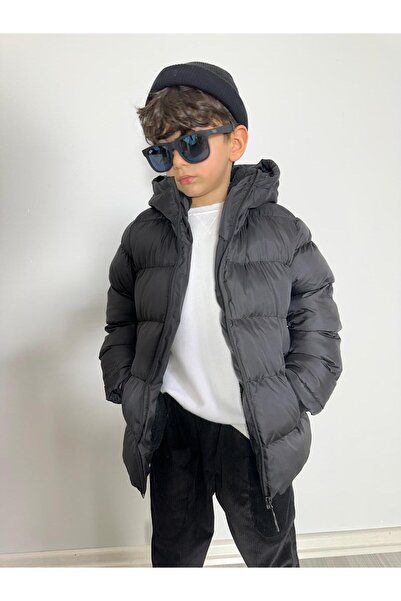 LNASLSTORE Erkek Çocuk Bebek Şişme Sabit Kapüşonlu Siyah Mont