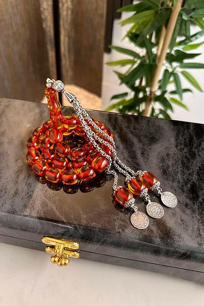 dergah tesbih Şahin Ağğa Series Fire-I Squeeze Amber Silver Design Rosary