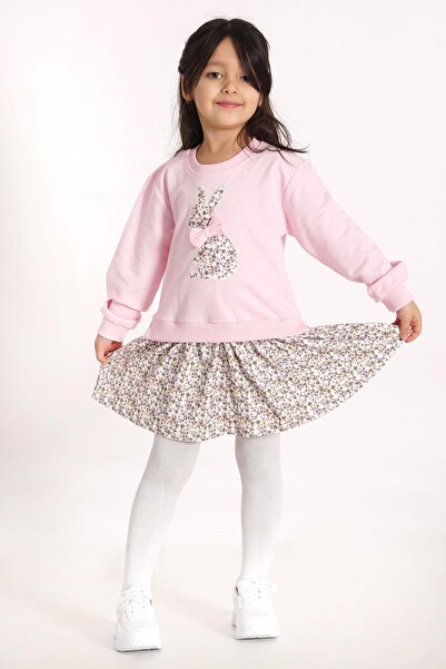 zepkids Crew Neck Long Sleeve Rabbit Printed Skirt Light Pink Color Sweat Set