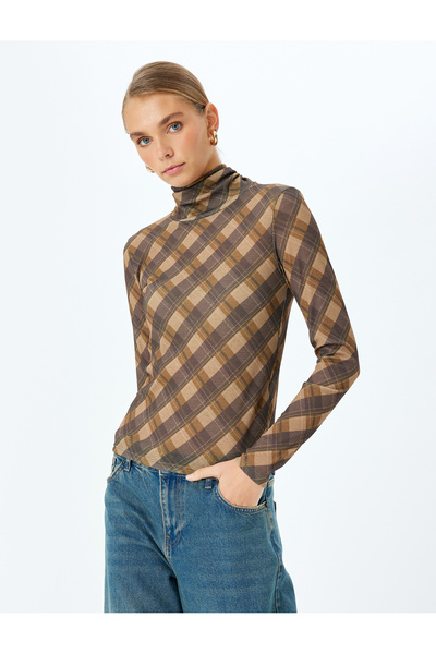 Koton Μακρυμάνικη καρό μπλούζα με γιακά