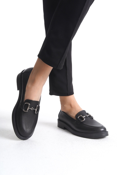 GNS Shoes Siyah Cilt Tokalı Hakiki Deri Kadın Loafer