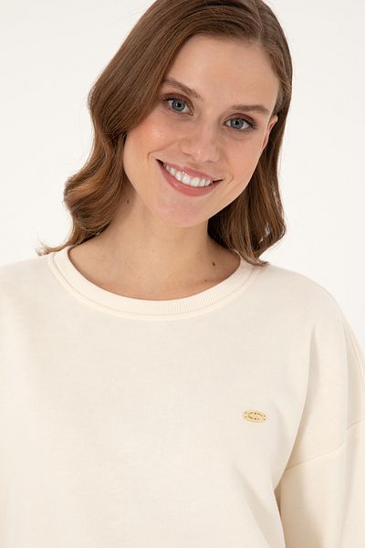 U.S. Polo Assn. Women's Cream Shirt Detail Crew Neck Sweatshirt 50299007 -Vr071