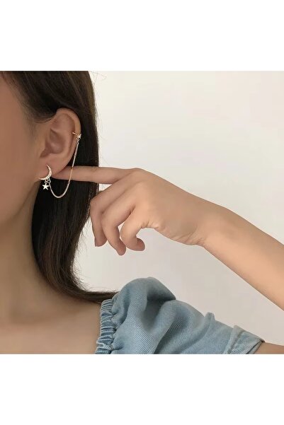 Girift Vintage Ay ve Yıldız Detaylı Sallantılı Küpe