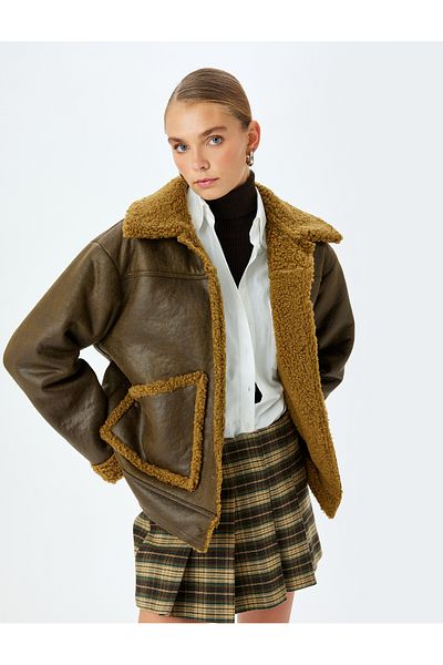 Koton Oversize Faux Leather Jacket with Plush Collar Detail and Pockets