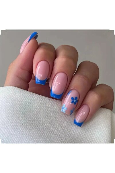 Alya Nail Studio Kadın Jel Nail Art Baskılı Mavi Çiçek French Design Badem Kü...