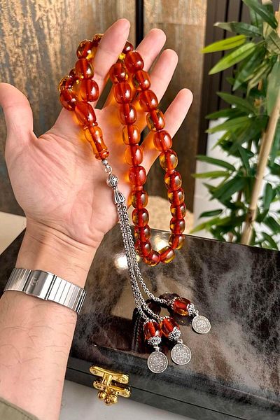 dergah tesbih Şahin Ağğa Series Fire-I Squeeze Amber Silver Design Rosary