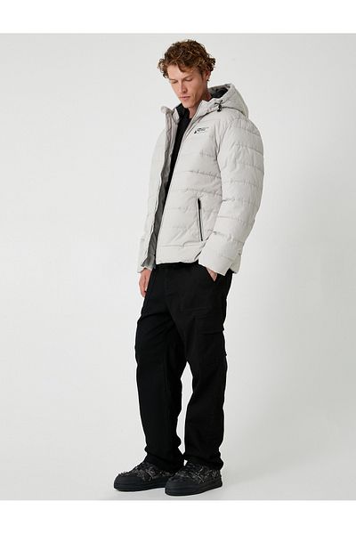Koton Zippered Pocket Detailed Slogan Printed Hooded Puffer Jacket