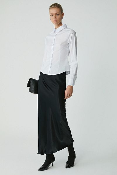 ETHIQUET Alessi Flush Viscose Satin Midi Length Black Plus Size Fusta - A Line Woven