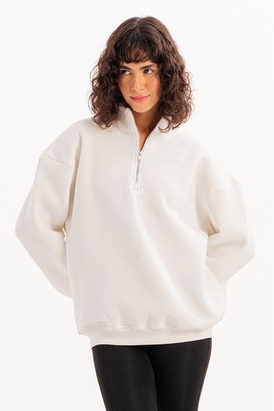 JUSTEVER Oversize Fit Stand Collar Semi Zippered Raised Ecru Women's Sweatshirt - Cass