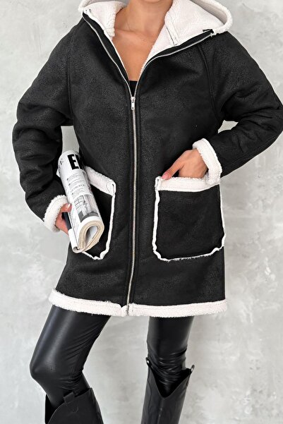 Deafox Siyah Kuzu Süet Cep Ve Fermuarlı Kapşonlu Ceket
