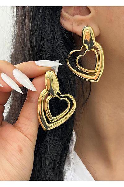 YASİN TOPÇU Steel Gold Gold Color Heart Dangle Elegant Earrings
