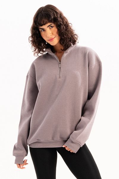 JUSTEVER Oversize Fit Stand Collar Semi Zippered Raised Gray Women's Sweatshirt - Cass