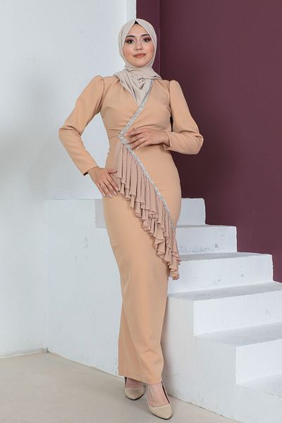 PHELDA Φόρεμα μολύβι Hijab με διπλό γιακά 768-camel