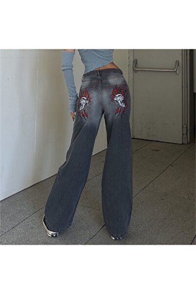Karakedi Yeni Gri Double Fire Skull Streetwear Yıkamalı Jean Pantolon