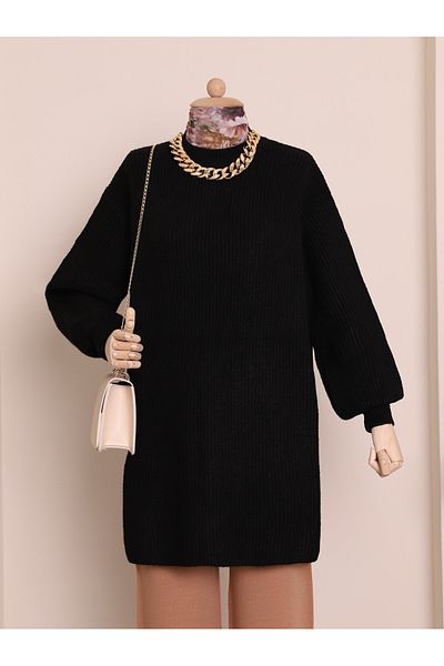 Modamorfo Balloon Sleeve Soft Knitted Knitwear Tunic -Black