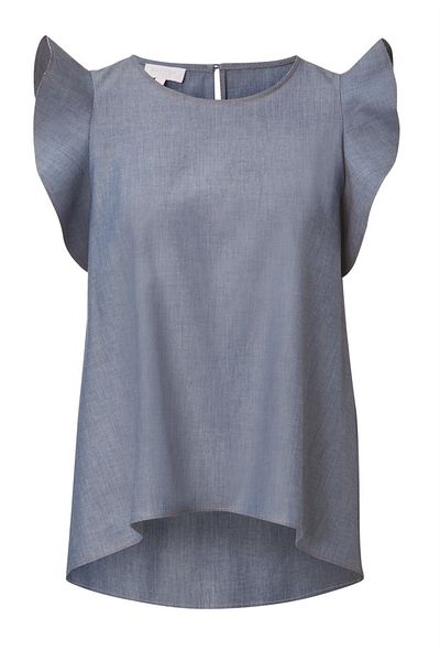 Escada Crew Neck Flounced Sleeve Blue Cotton Blouse