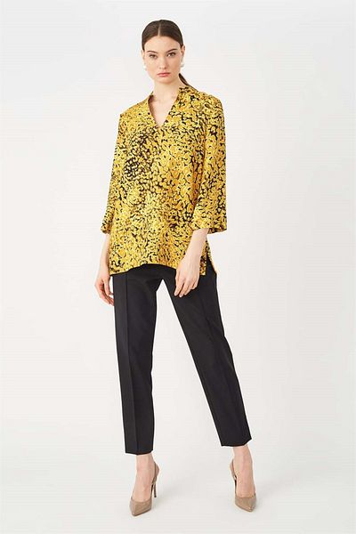 Escada Print V-Neck Loose-Fitting Three-Quarter Sleeve Yellow Blouse