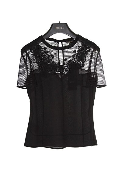 Escada Dantel Detaylı Kısa Kol Siyah İpek Bluz
