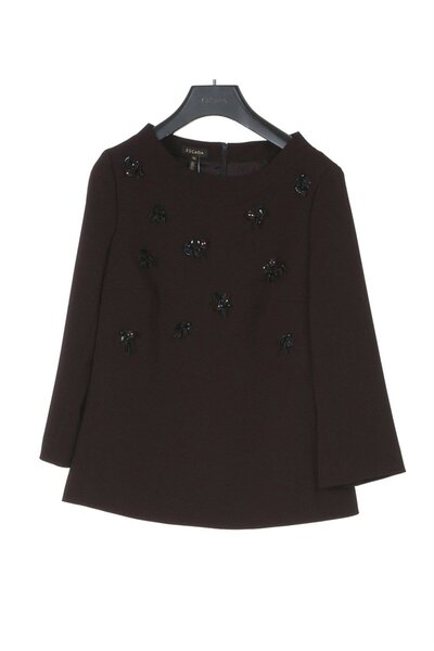 Escada İşlemeli Uzun Kol Fermuarlı Siyah Bluz