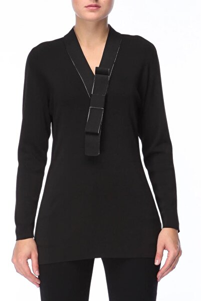 Escada Kurdele Detaylı Uzun Kol V Yaka Siyah Bluz