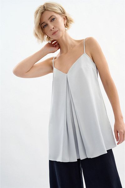 Escada Strap V-Neck Pleated Gray Blouse