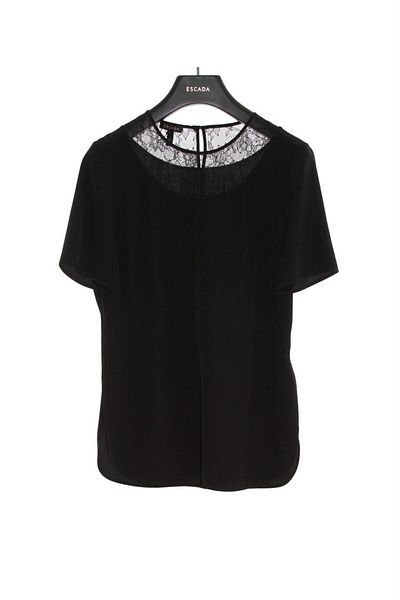 Escada Lace Collar Short Sleeve Black Silk Blouse
