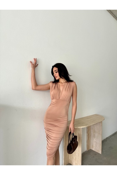 Serica Moda Omzu Vatkalı Drapeli Midi Elbise