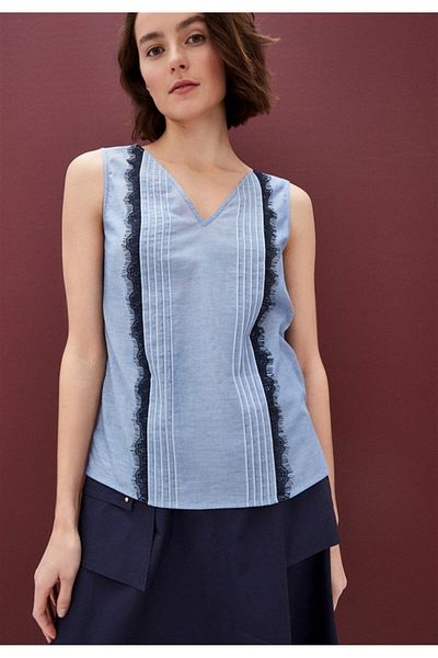 Escada Lace Detailed V-Neck Sleeveless Blue Cotton Blouse