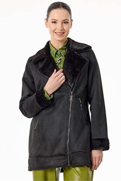 Tığ Triko İçi Kürklü Biker Kaban SİYAH
