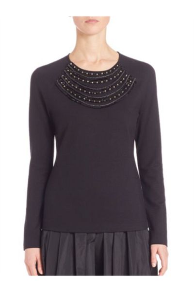 Escada Collar Embroidered Long Sleeve Black Blouse