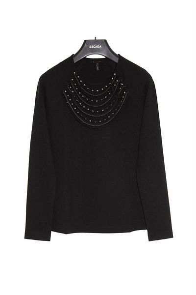 Escada Collar Embroidered Long Sleeve Black Blouse