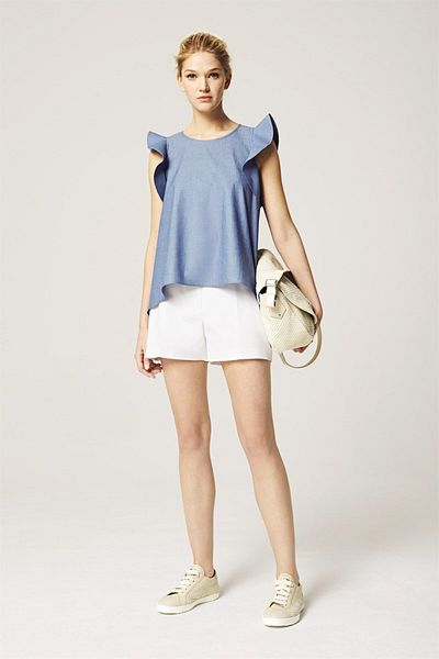 Escada Crew Neck Flounced Sleeve Blue Cotton Blouse