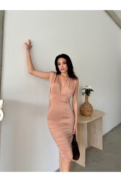 Serica Moda Omzu Vatkalı Drapeli Midi Elbise