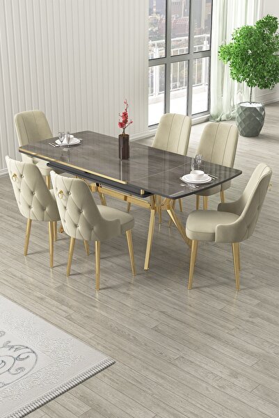 Canisa Nis Serisi 89x150 Açılabilir Lak Panel Antrasit İroni Gold Ayak Masa Takımı ve 6 Krem Sandalye