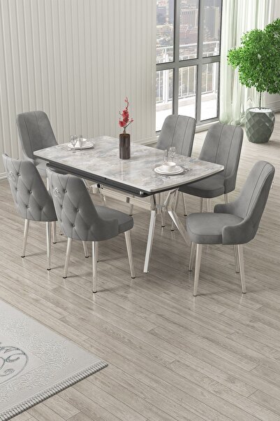 Canisa Nis Serisi 89x150 Açılabilir Lak Panel Rampla Gri Krom Ayak Masa Takımı ve 6 Gri Sandalye
