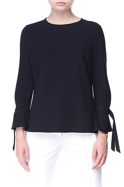 Escada Sleeve Tied Round Neck Zippered Black Blouse