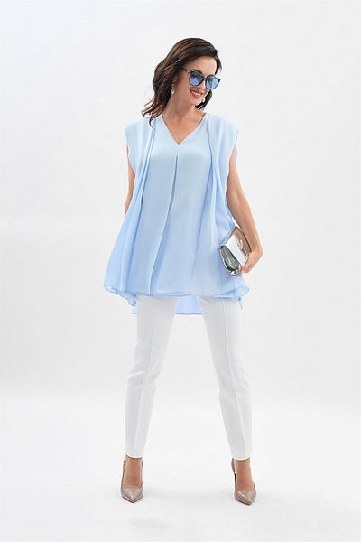 Escada V-Neck Pleated Baby Blue Silk Blouse