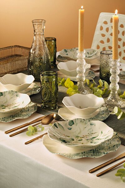 Kitchen Life Nesrin Blue Leafed  24 Parça 6 Kişilik Porselen Yemek Takımı - P...