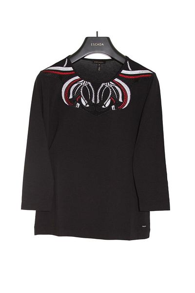 Escada Collar Patterned Three-Quarter Sleeve Black Blouse