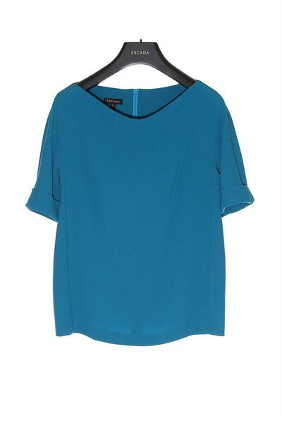 Escada Wide Collar Zippered Short Sleeve Blue Blouse
