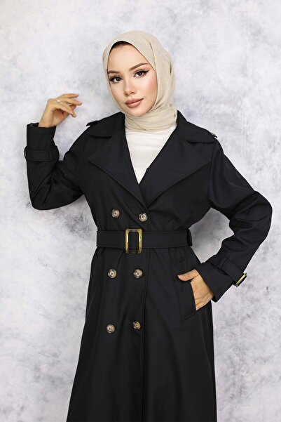 benguen 4951 Model - Black Hijab Trench Coat with Belt