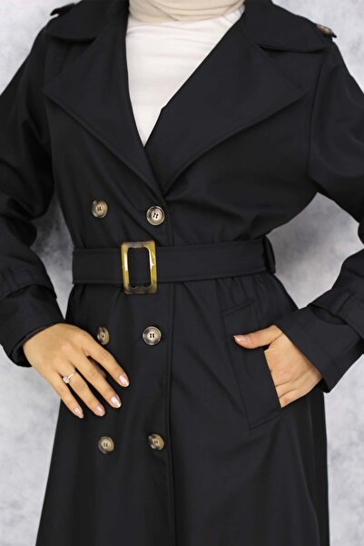 benguen 4951 Model - Black Hijab Trench Coat with Belt