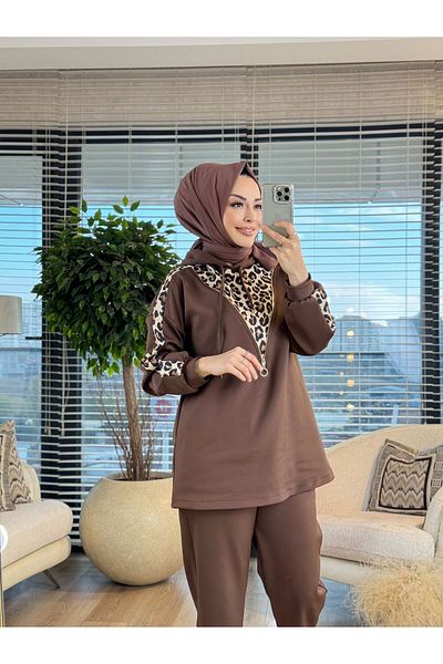 ALANURMODA 22626 Front V Zipper Leopard Print Suit