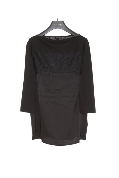 Escada Boat Neck Lace Detailed Long Sleeve Black Blouse