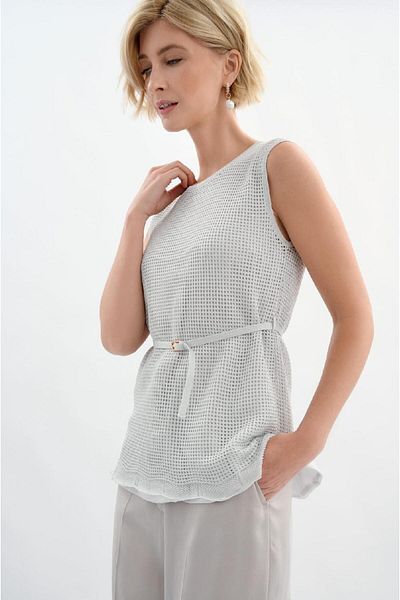Escada Belted Sleeveless Crew Neck Knit Viscose Blouse