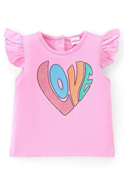 Babyhug Babyhug Single Jersey Knit Frill Sleeves Top & Skirt Set Text & Leaf Print - Pink & Multicolor