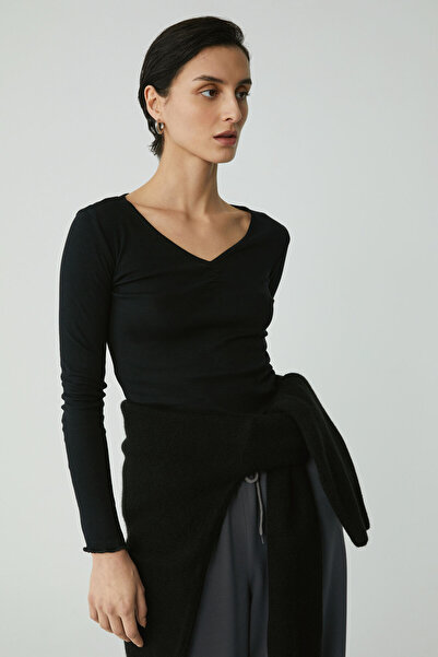 ETHIQUET Gıllıs Women's Cotton V-Neck Black Blouse