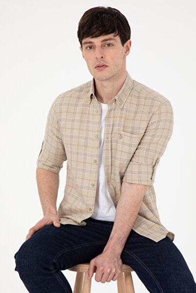 U.S. Polo Assn. Erkek Açık Haki Kareli Slim Fit Cepli Gömlek 50296624-VR183
