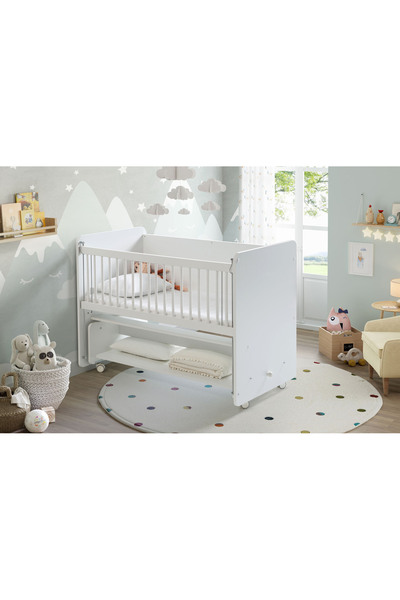 Babywhen Sallanır Tekerlekli Kademeli Anne Yanı Bebek Beşik - Bebek Yatağı - Beyaz - 60x120 Cm - Bw1090